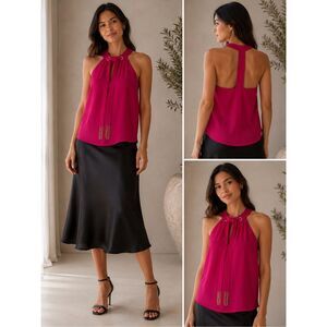 Bebe Pink Halter Neck Sleeveless Blouse Gold Tassel Tie Keyhole Top Medium
